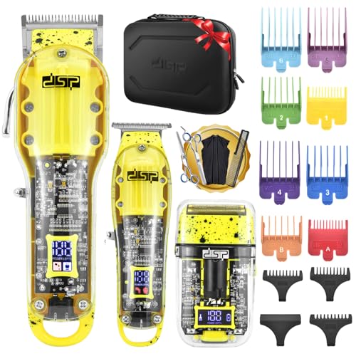 DSP Hair Clipper Trimmer Shaver Kits for Men Professional Barber Clipper and Trimmer Sets with Travel Case Rechargeable LED Display Yellow